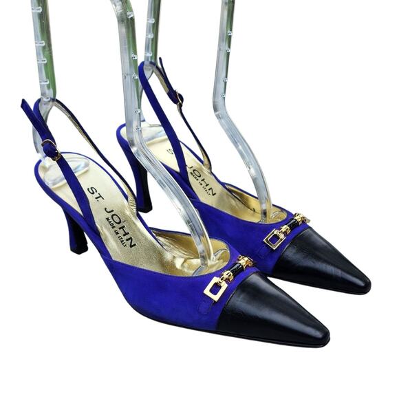 St. John Two Tone Suede Leather Buckle Ankle Strap Heels 7 - Picture 1 of 9